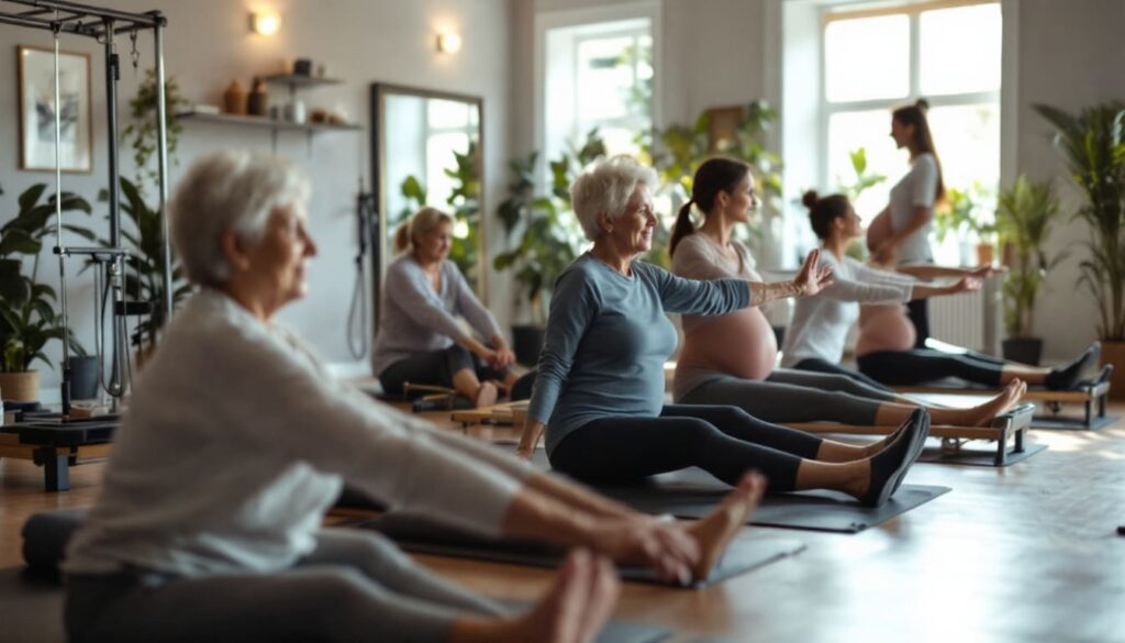 grupo de personas mayores haciendo ejercicio en clase de pilates