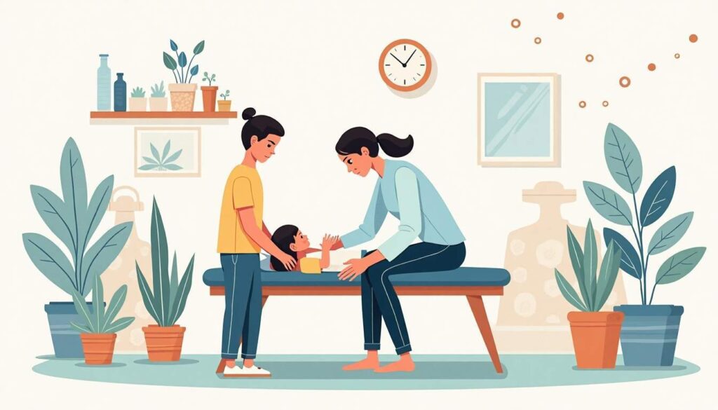 ilustracion de mujer con ninos en sala de fisioterapia