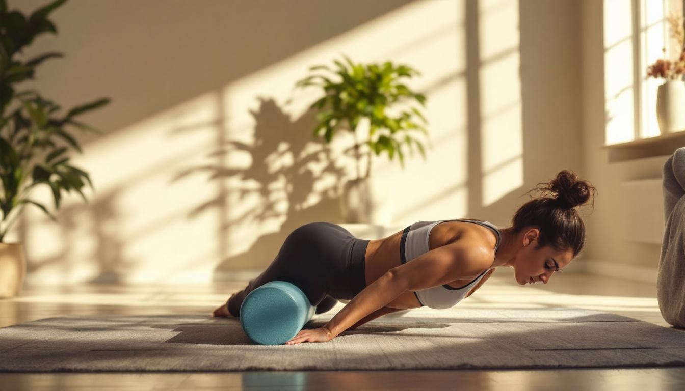 A photograph of a person stretching or using a foam roller in a serene indoor setting