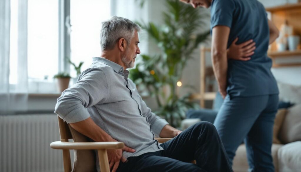 A photograph of a person experiencing sciatic pain while sitting or standing
